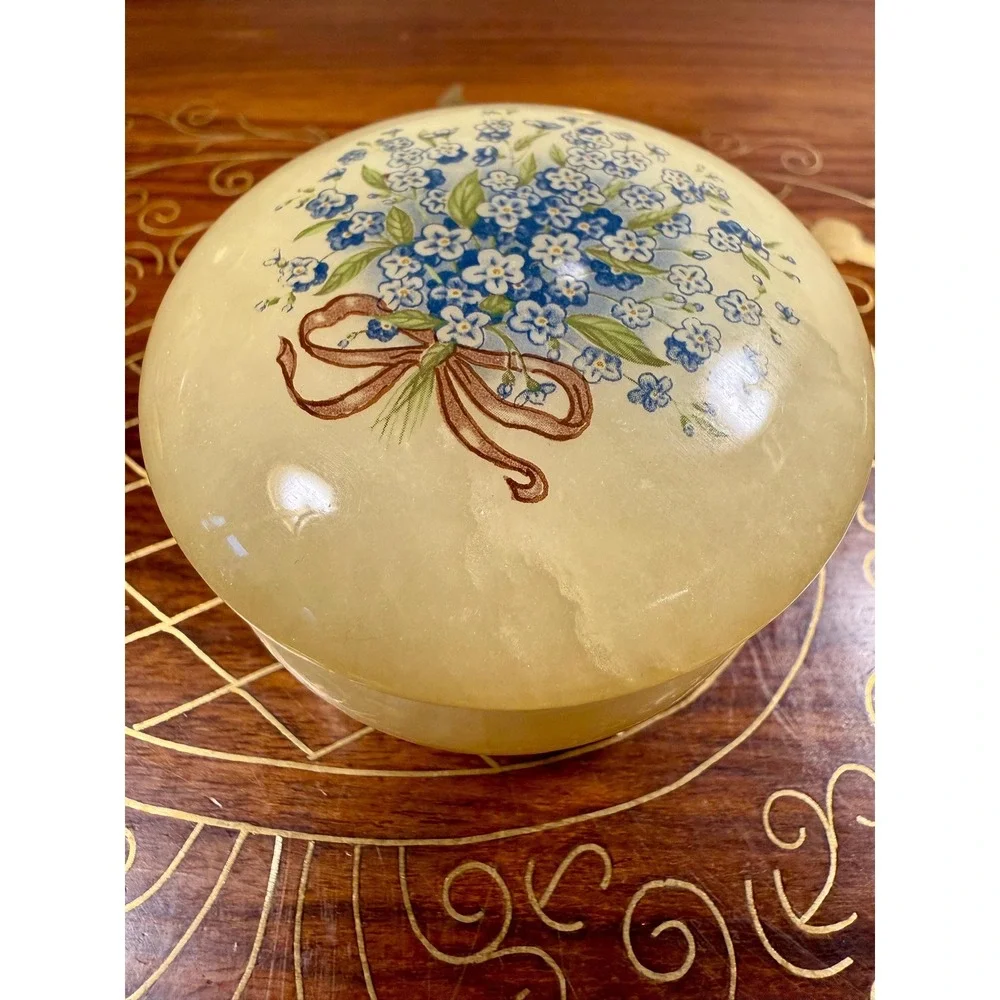 Vintage Alabaster Trinket Box • Forget-Me-Not Floral Stone Jewelry Box